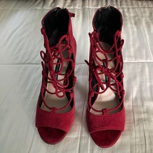 Red lace up suede sandals